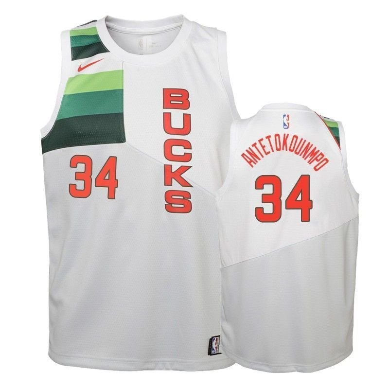 Youth Bucks Giannis Antetokounmpo #34 2018-19 Earned White Jersey Unisex