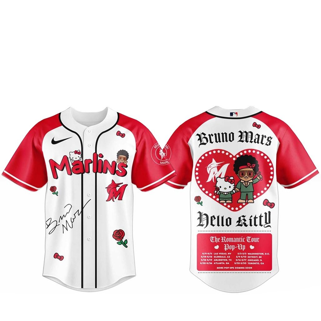 Miami Marlins Bruno Mars x Hello Kitty 2026 The Romantic Tour Baseball Jersey