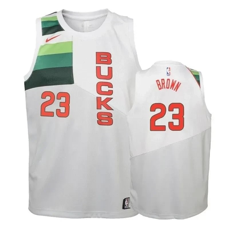Youth Bucks Sterling Brown 23 2018-19 Earned White Jersey - Unisex Polyester