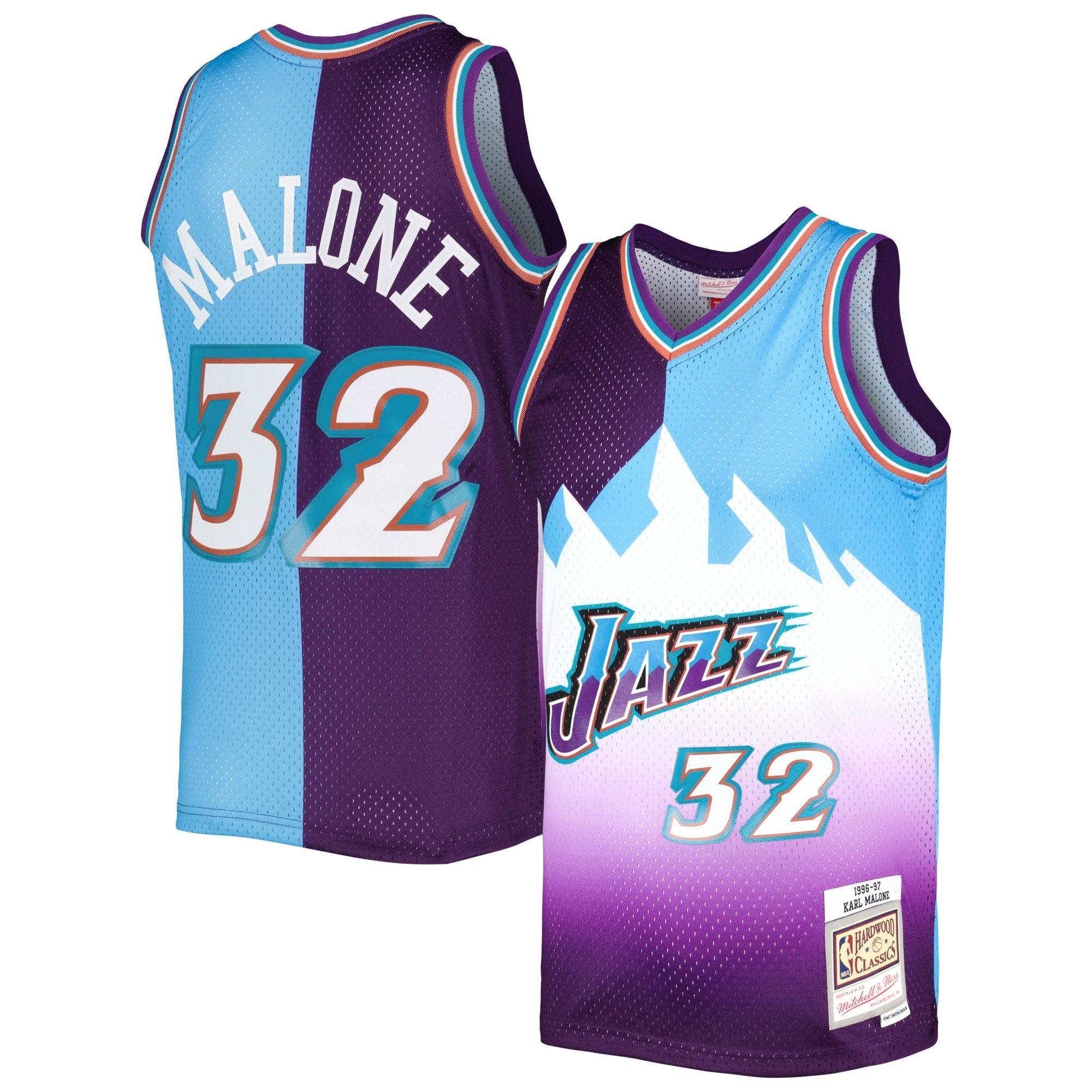 Men's Mitchell & Ness Karl Malone Purple Turquoise Utah Jazz 1996/97 Split Swingman Jersey