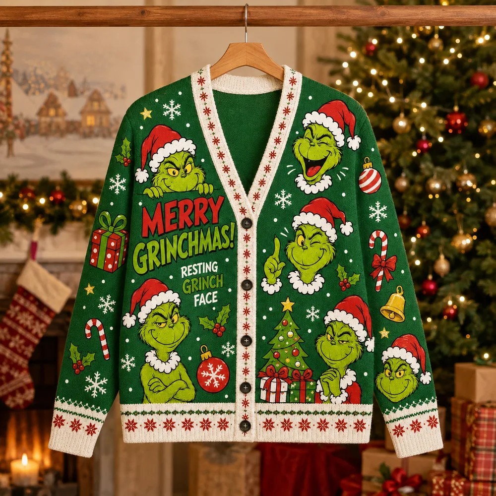 Merry Grinchmas Whoville Knit Cardigan, Green Holiday Sweater for Festive Winter Parties