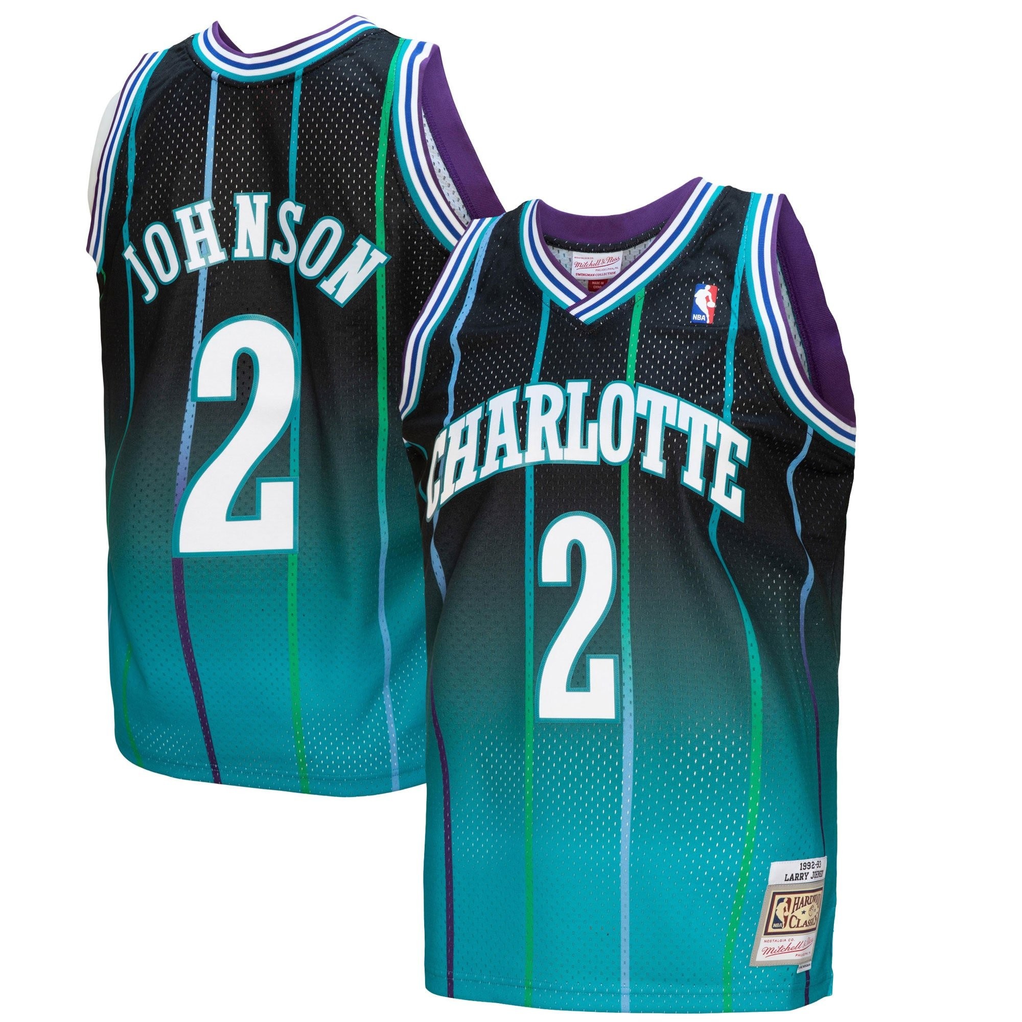 Men's Mitchell & Ness Larry Johnson Teal Black Charlotte Hornets 1992/93 Hardwood Classics Fadeaway Swingman Jersey