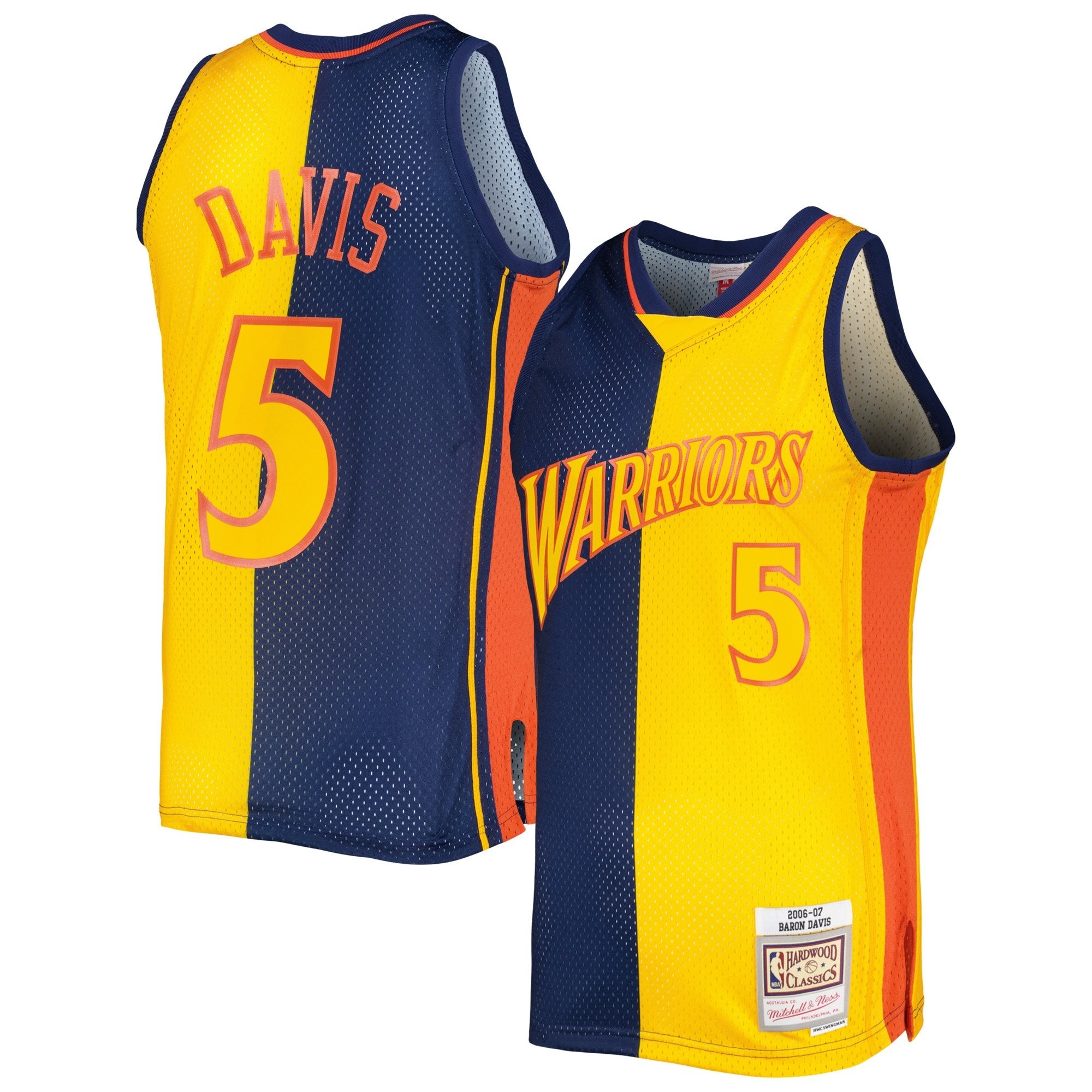 Men's Mitchell & Ness Baron Davis Navy Gold Golden State Warriors 2006/07 Hardwood Classics Split Swingman Jersey