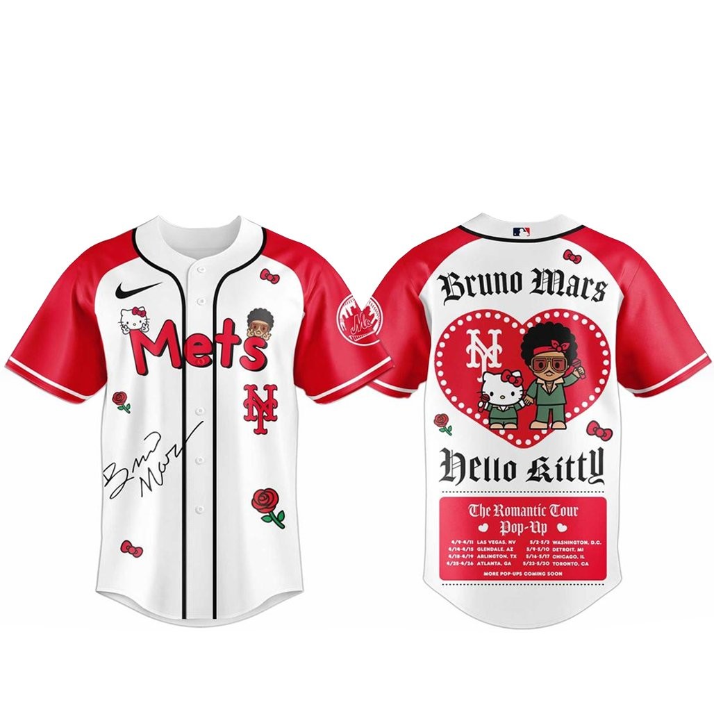 New York Mets Bruno Mars x Hello Kitty 2026 The Romantic Tour Baseball Jersey