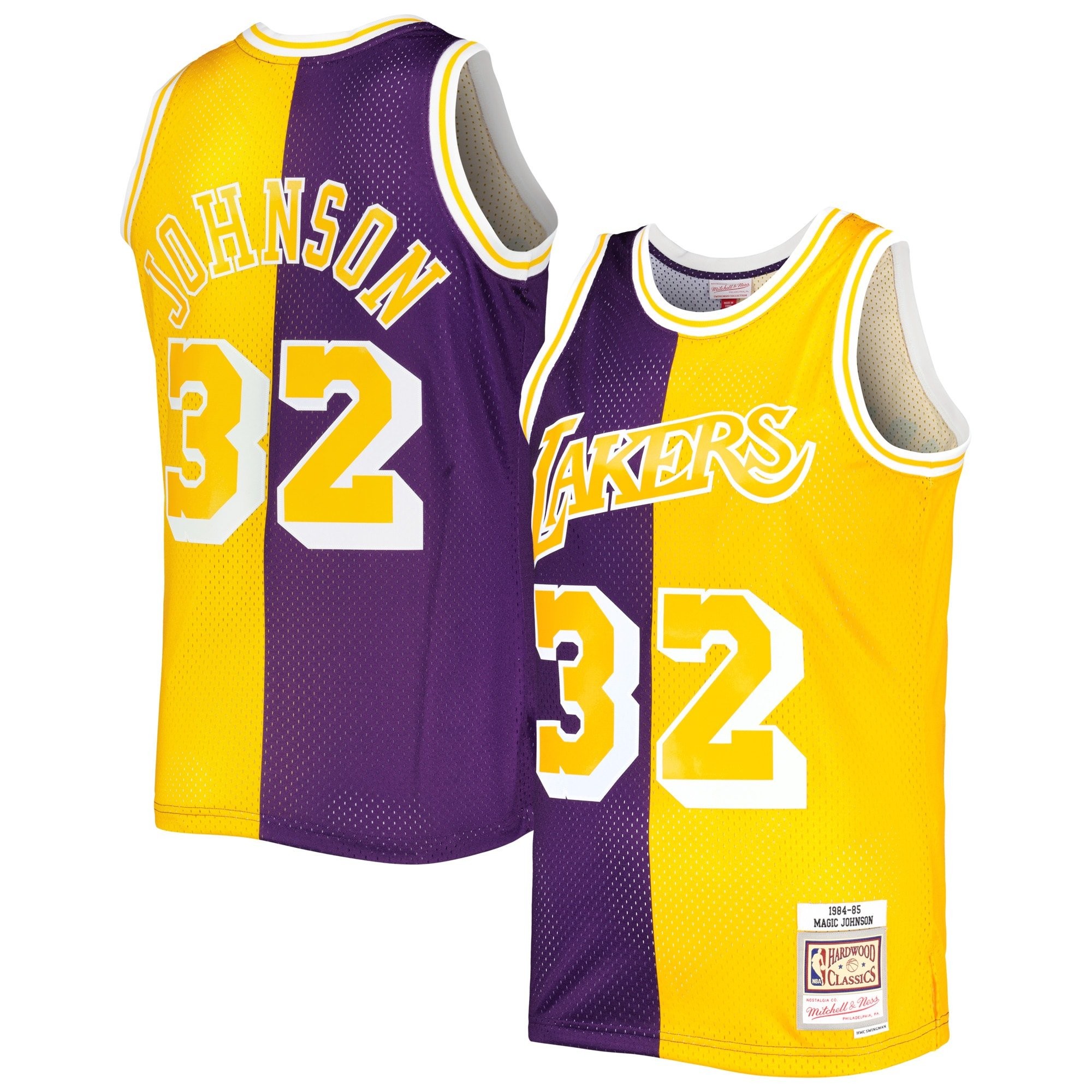 Men's Mitchell & Ness Magic Johnson Purple Gold Los Angeles Lakers 1984/85 Split Swingman Jersey