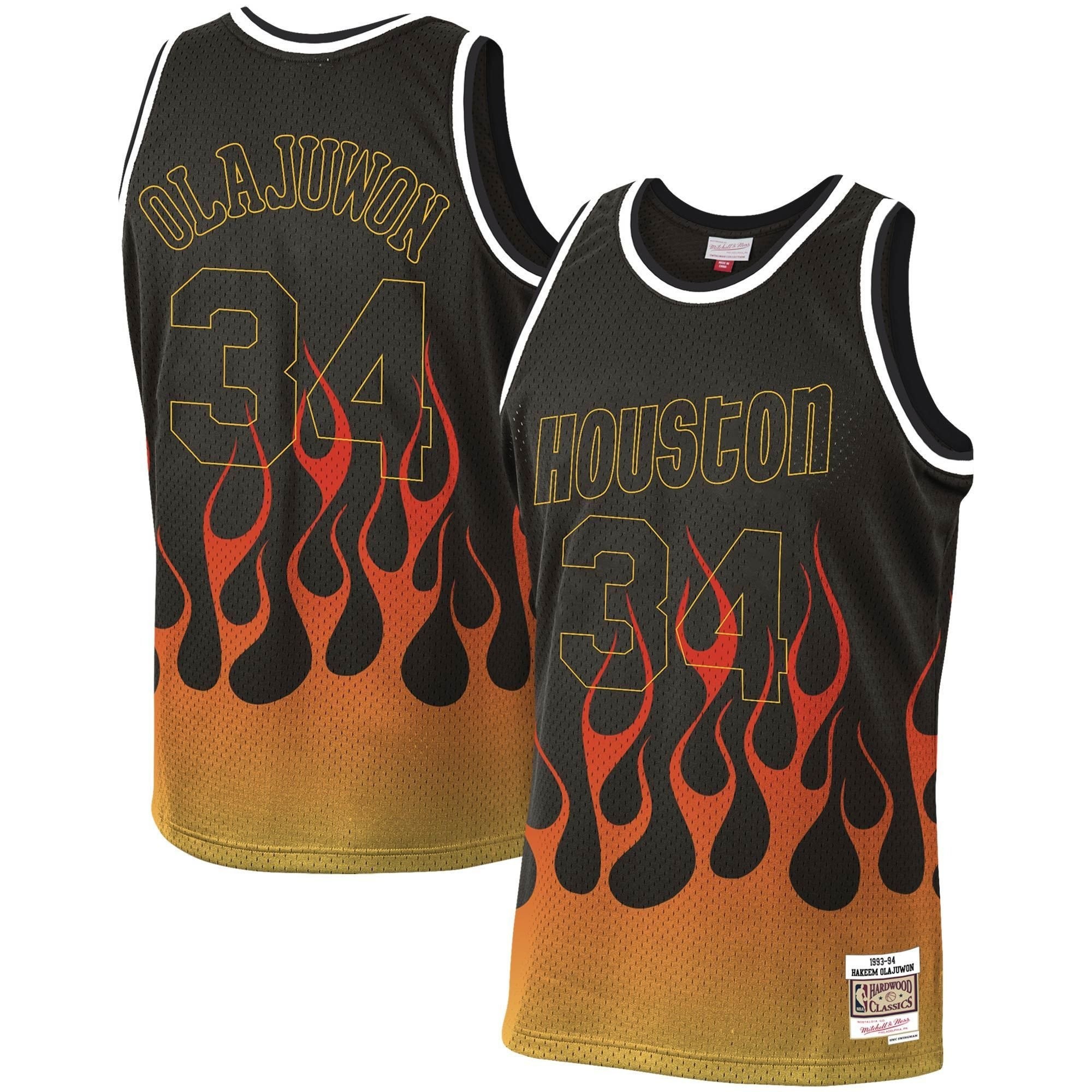 Hakeem Olajuwon Houston Rockets Mitchell & Ness 1993-94 Hardwood Classics Flames Swingman Jersey - Black