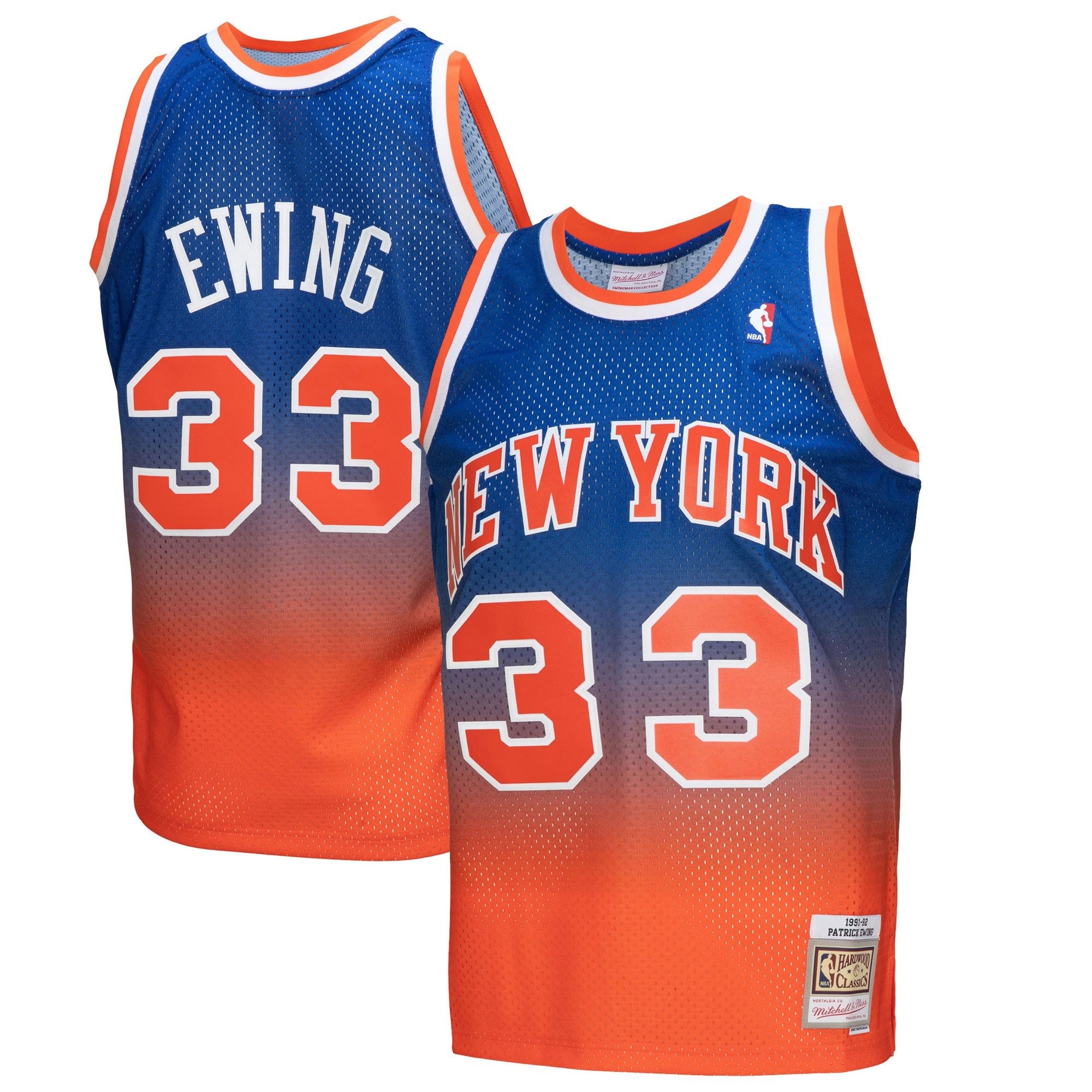 Men's Mitchell & Ness Patrick Ewing Orange Royal New York Knicks 1991/92 Hardwood Classics Fadeaway Swingman Jersey