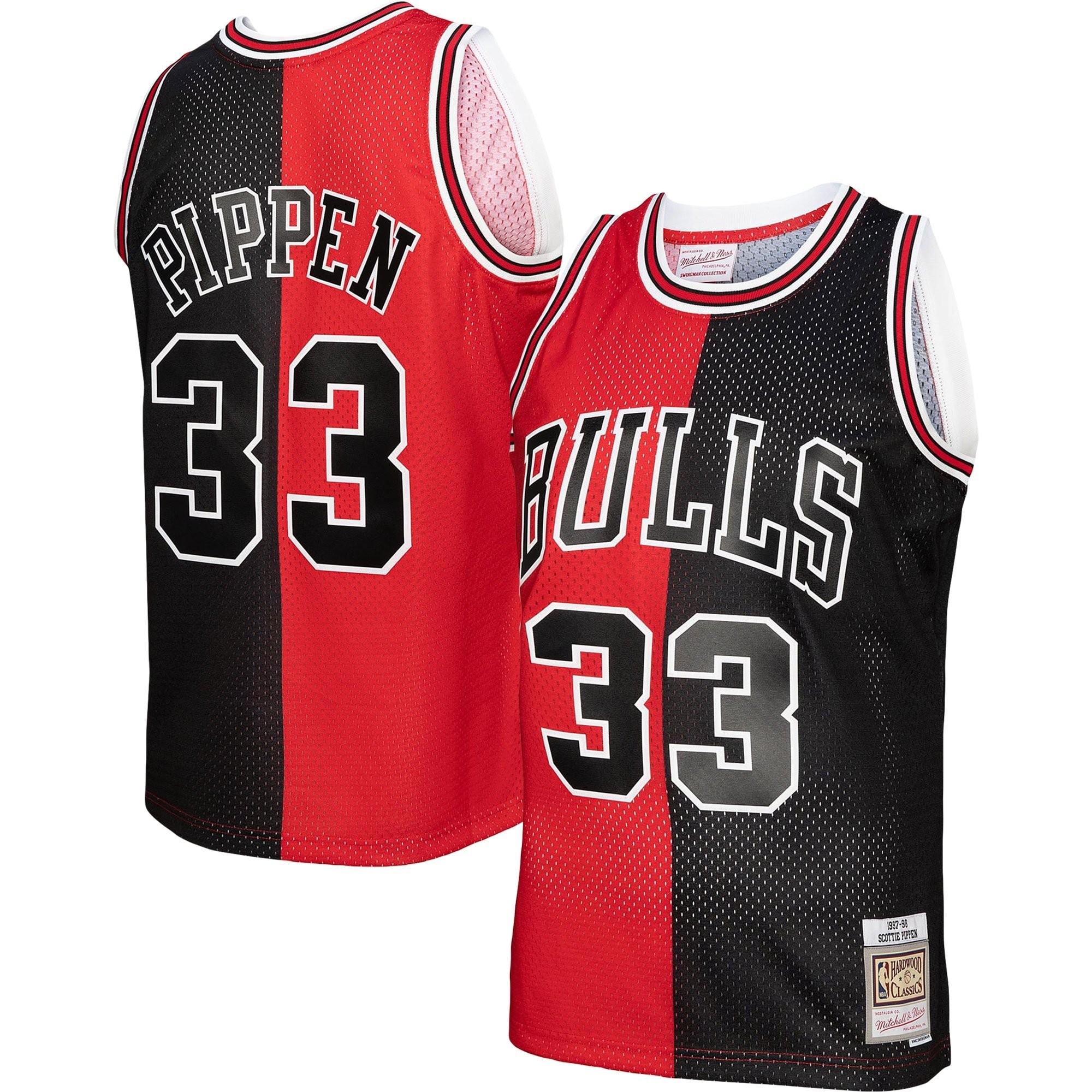 Men's Mitchell & Ness Scottie Pippen Red Black Chicago Bulls 1997/98 Split Swingman Jersey