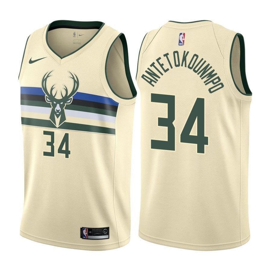 Bucks Giannis Antetokounmpo 34 City Edition Cream Jersey Unisex Adult Sizes S-3XL