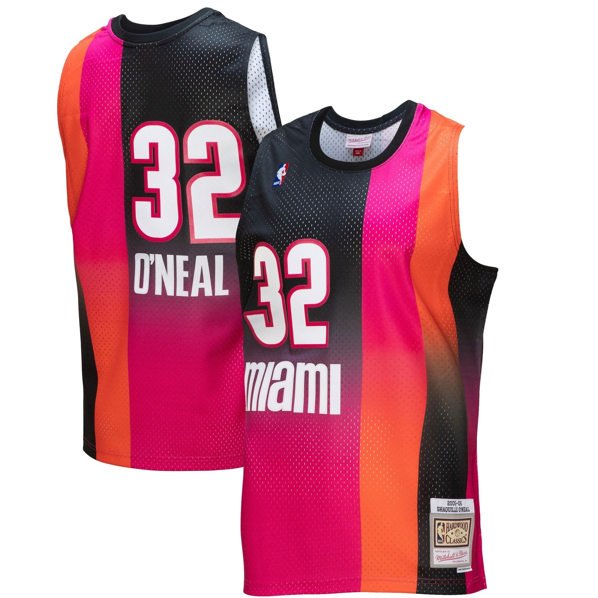 Men's Mitchell & Ness Shaquille O'Neal Pink Black Miami Heat 2005/06 Hardwood Classics Fadeaway Swingman Jersey
