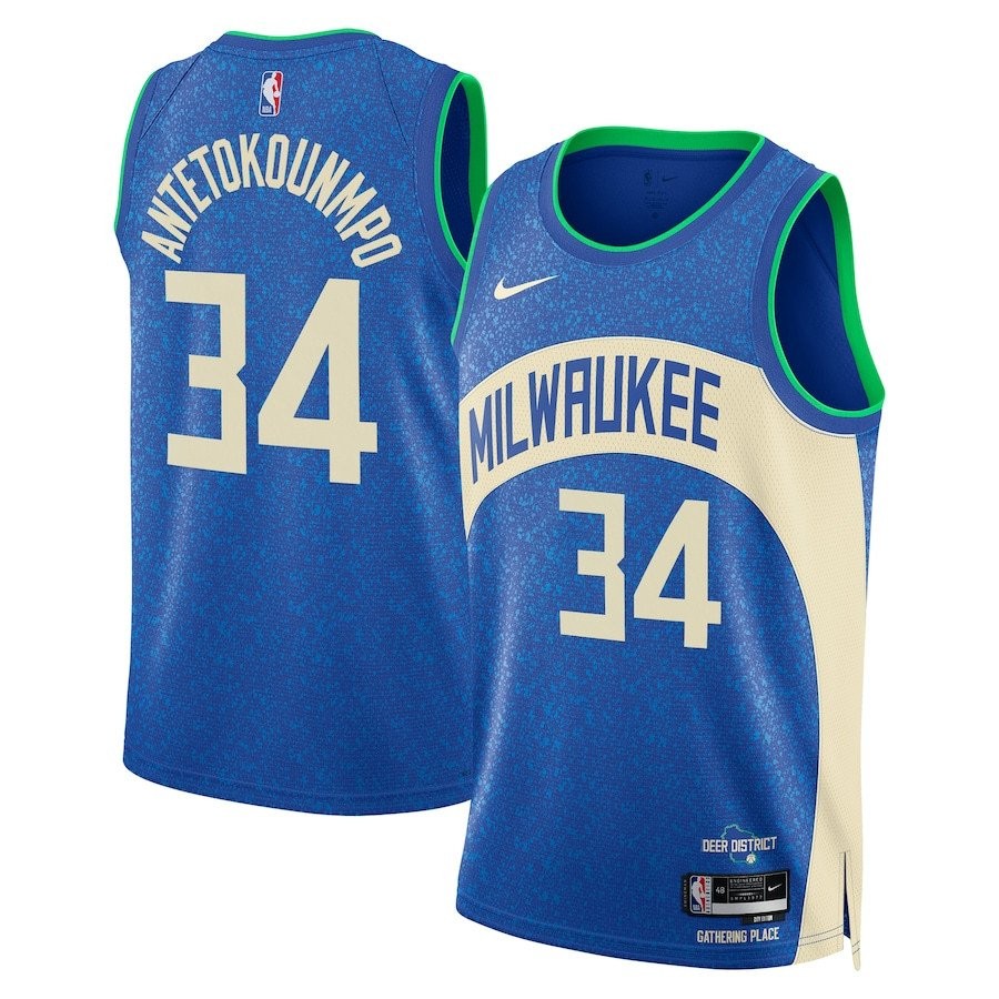 Giannis Antetokounmpo 34 Milwaukee Bucks 2023/24 City Edition Swingman Jersey Royal Multicolor