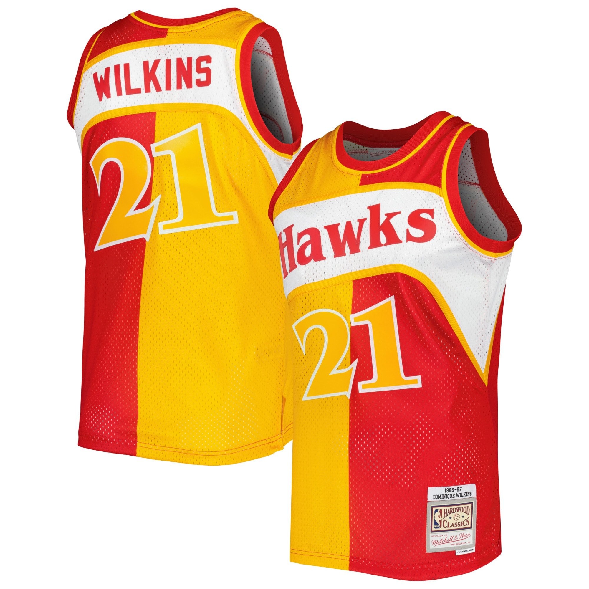 Men's Mitchell & Ness Dominique Wilkins Yellow/Red Atlanta Hawks 1986/87 Split Swingman Jersey