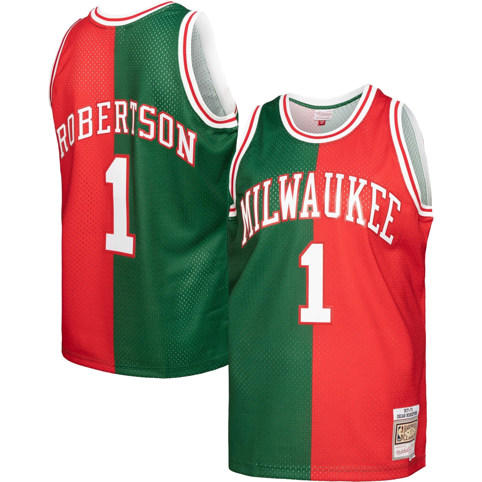 Men's Mitchell & Ness Oscar Robertson Green/Red Milwaukee Bucks 1971/72 Split Swingman Jersey
