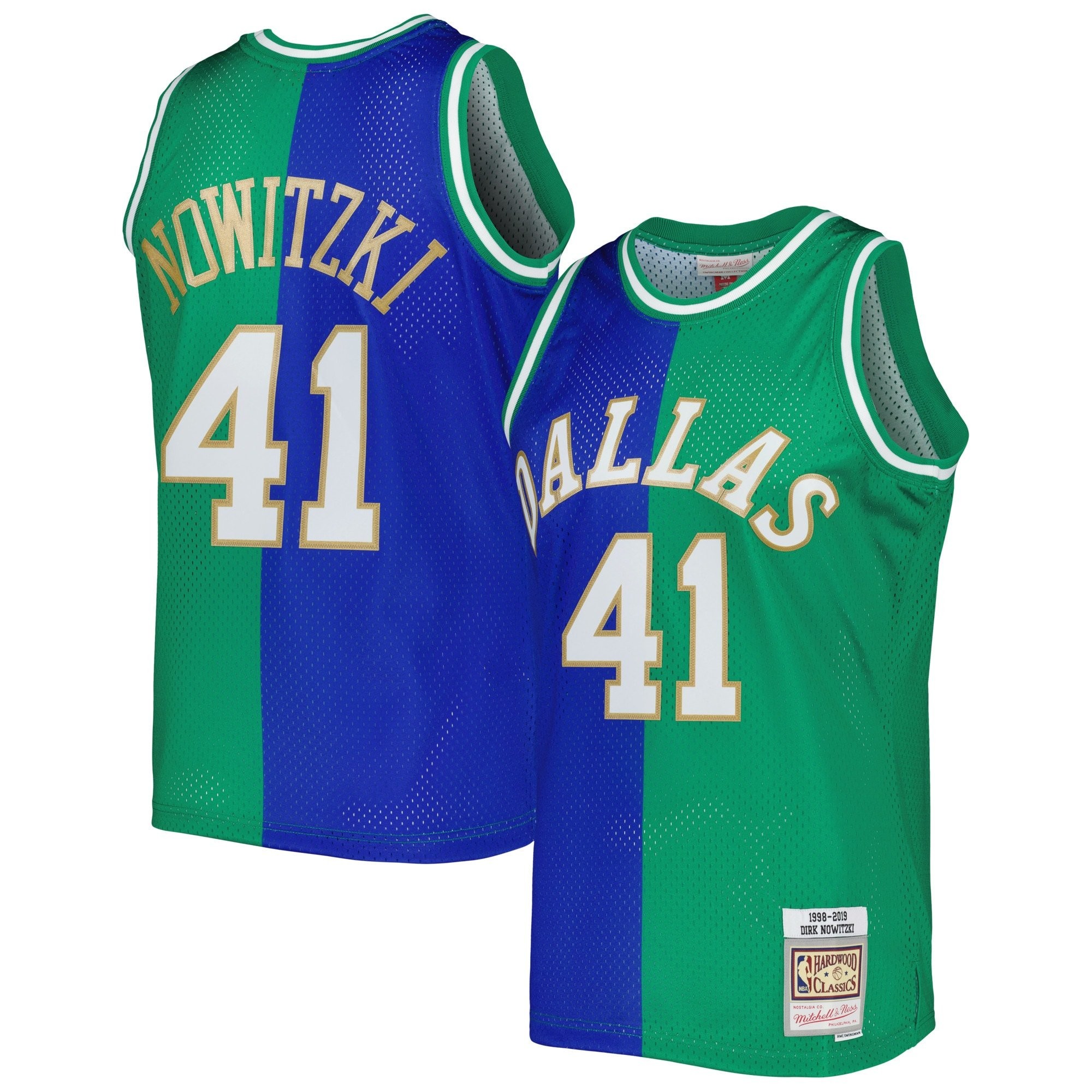 Men's Mitchell & Ness Dirk Nowitzki Blue Green Dallas Mavericks Hardwood Classics 1998/2019 Split Swingman Jersey