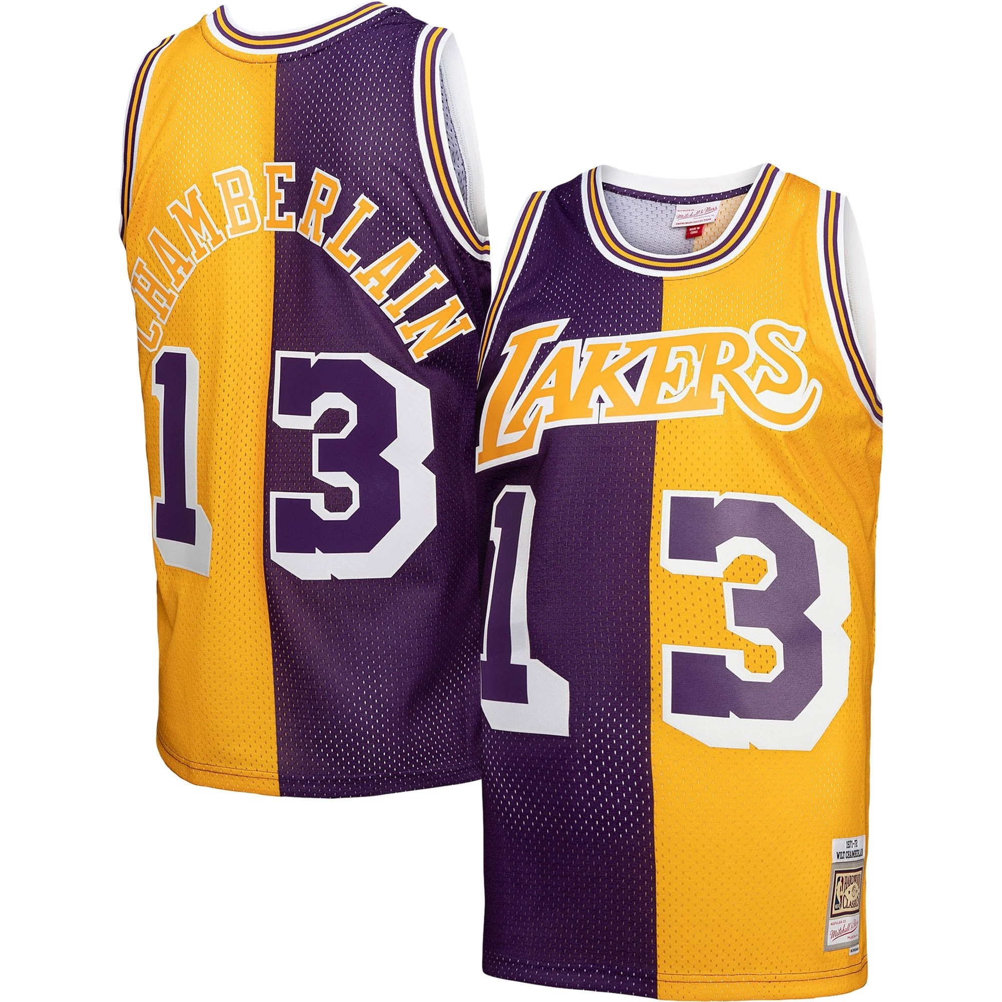 Men's Mitchell & Ness Wilt Chamberlain Purple Gold Los Angeles Lakers 1971/72 Split Swingman Jersey
