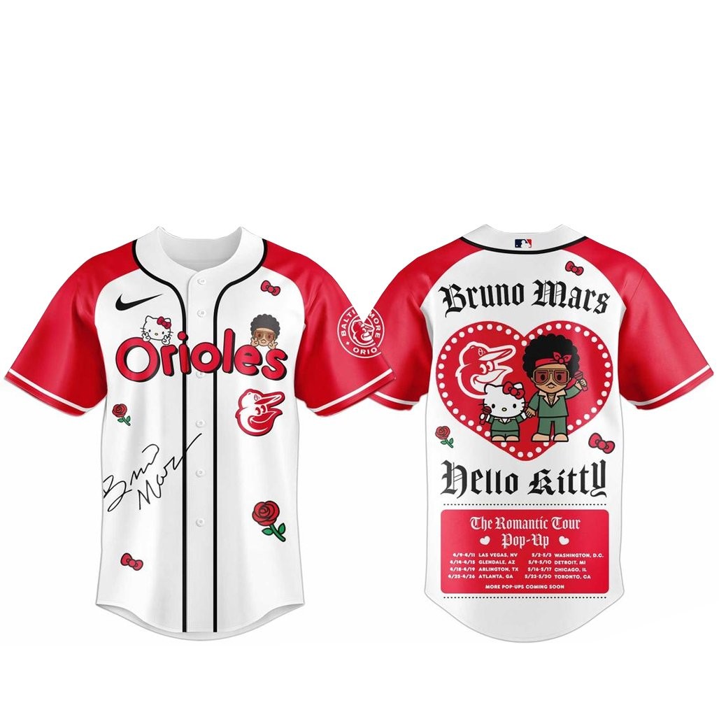 Baltimore Orioles Bruno Mars x Hello Kitty 2026 The Romantic Tour Baseball Jersey