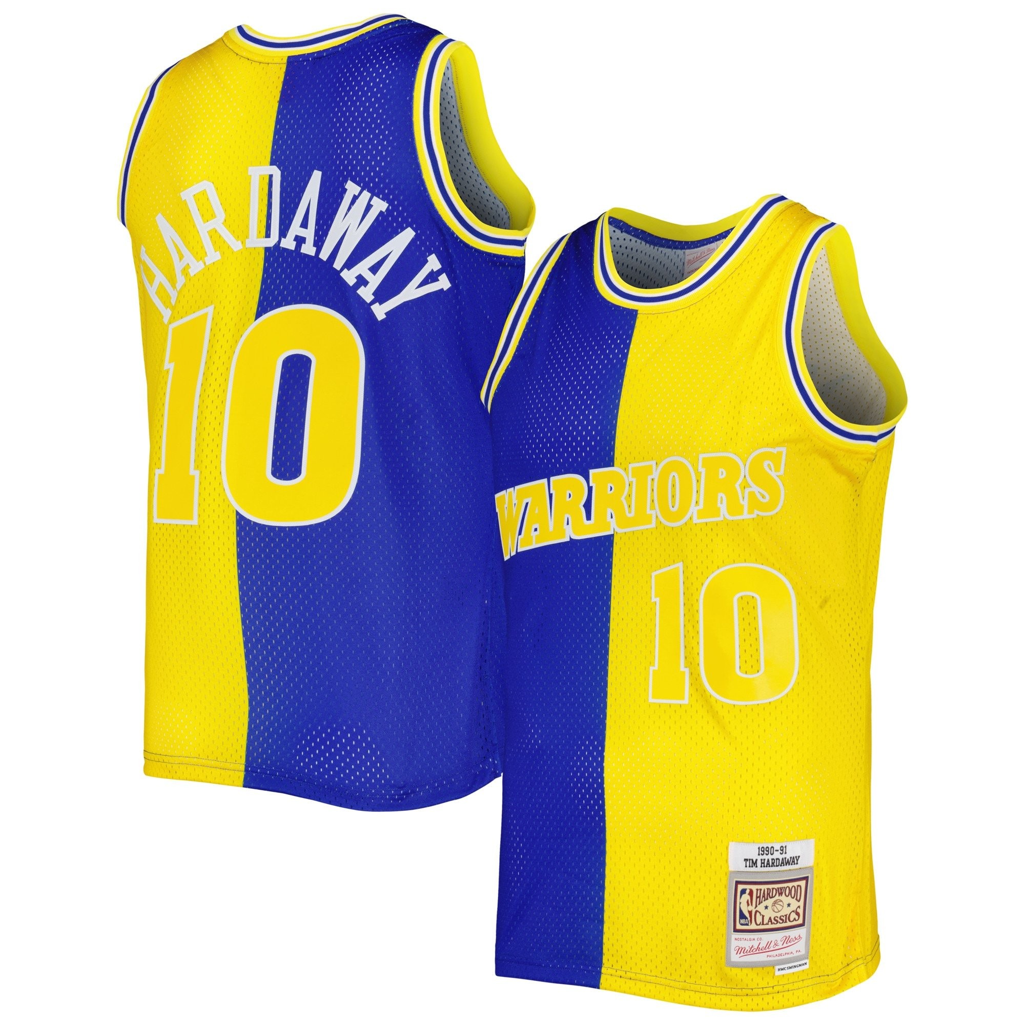 Men's Mitchell & Ness Tim Hardaway Royal Gold Golden State Warriors 1990/91 Hardwood Classics Split Swingman Jersey