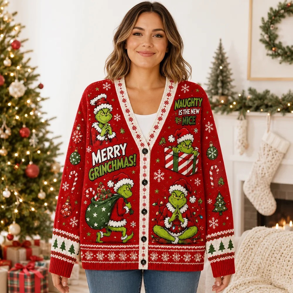 Whoville Snowy Holiday Cardigan, Grinchmas Christmas Knit Sweater for Festive Gatherings