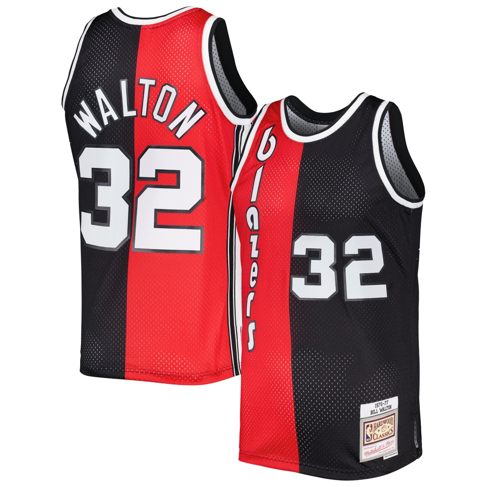 Men's Mitchell & Ness Bill Walton Red Black Portland Trail Blazers 1976/77 Hardwood Classics Split Swingman Jersey