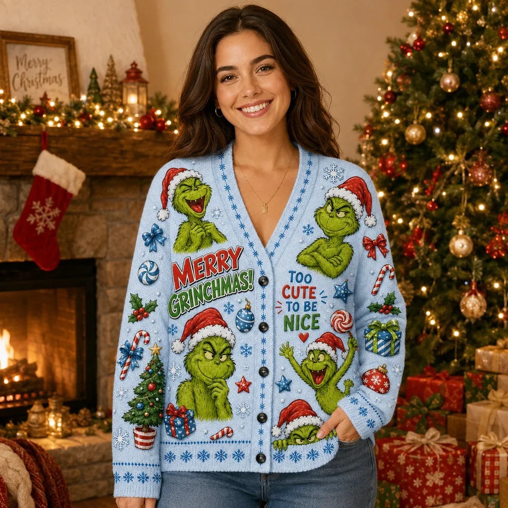 Max and Cindy Lou Who Cardigan, Whoville Holiday Knit Sweater with Festive Green Artwork
