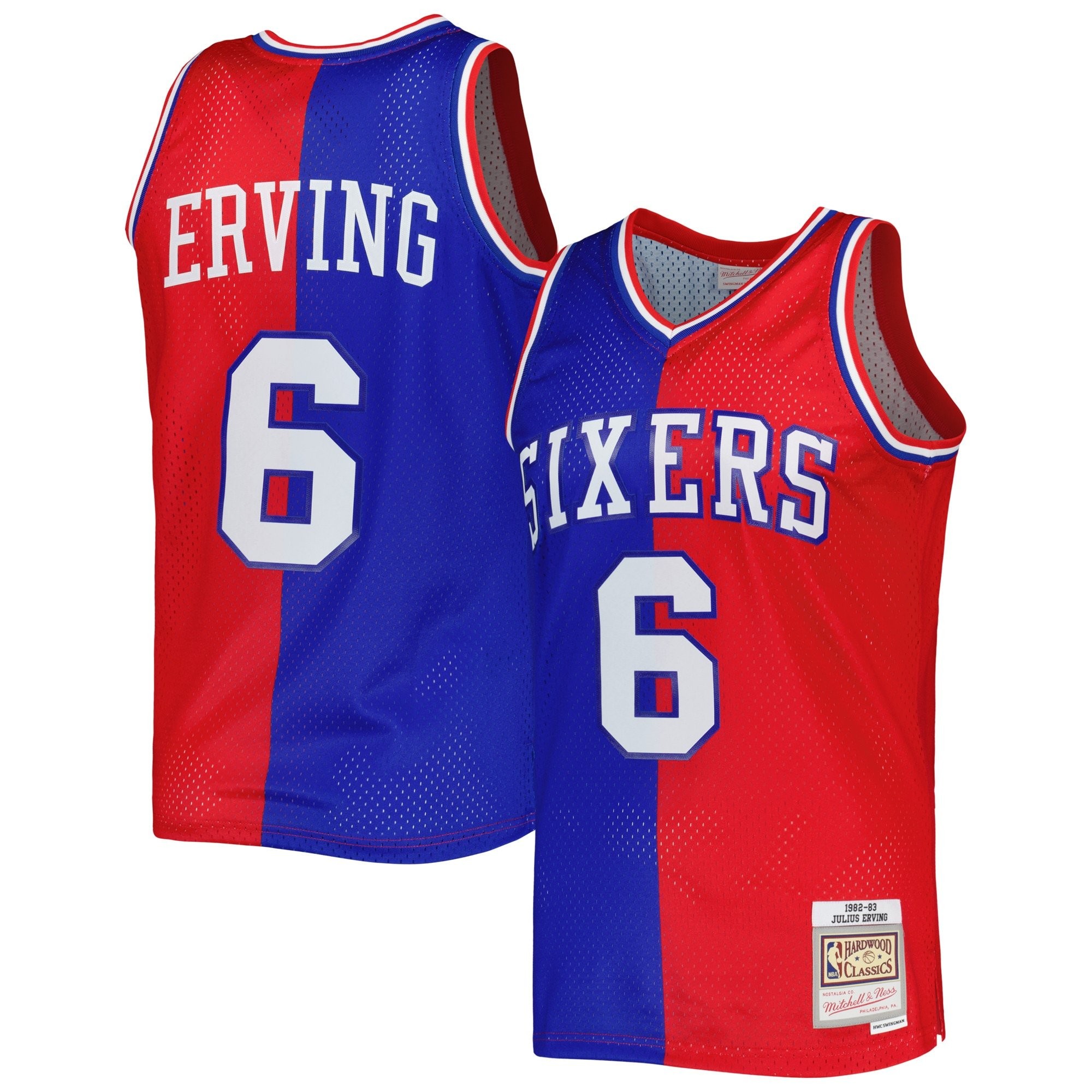 Men's Mitchell & Ness Julius Erving Royal/Red Philadelphia 76ers 1982/83 Hardwood Classics Split Swingman Jersey