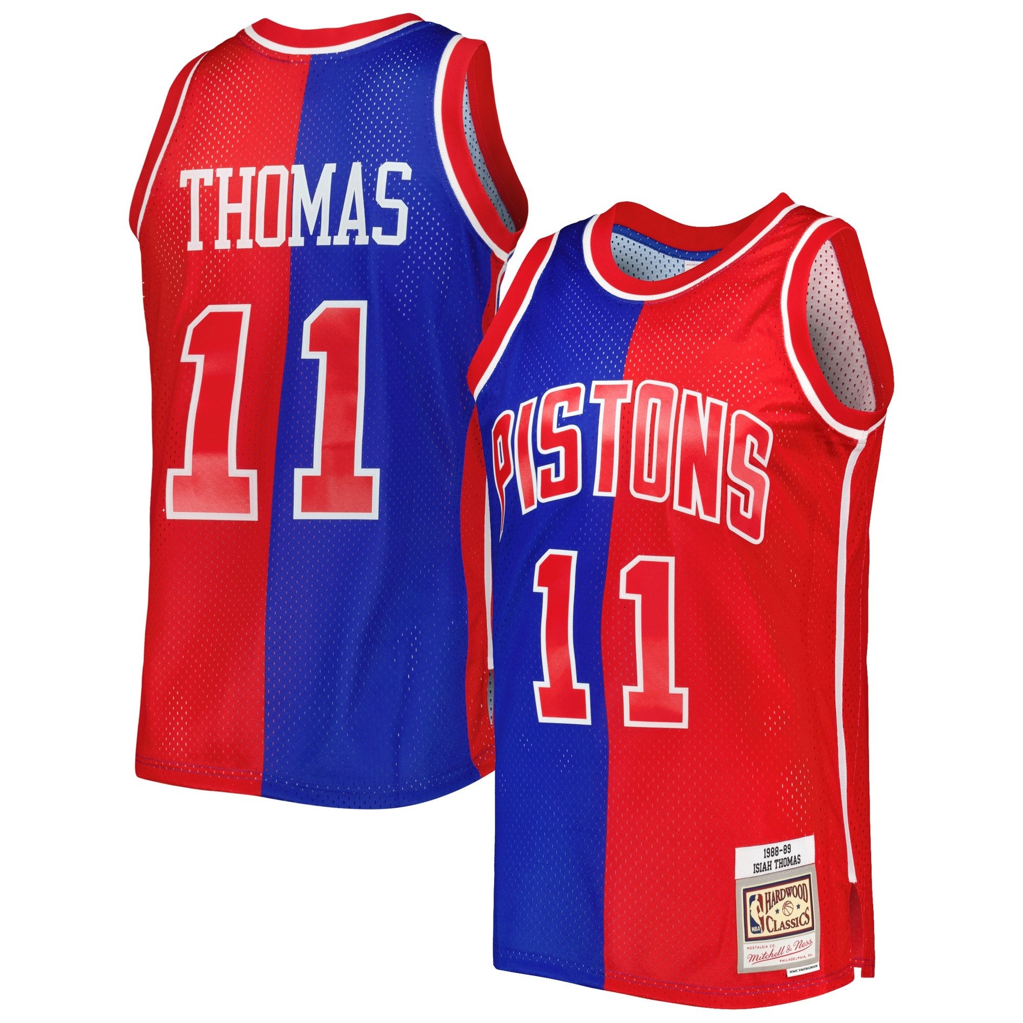 Men's Mitchell & Ness Isiah Thomas Blue Red Detroit Pistons 1988/89 Hardwood Classics Split Swingman Jersey