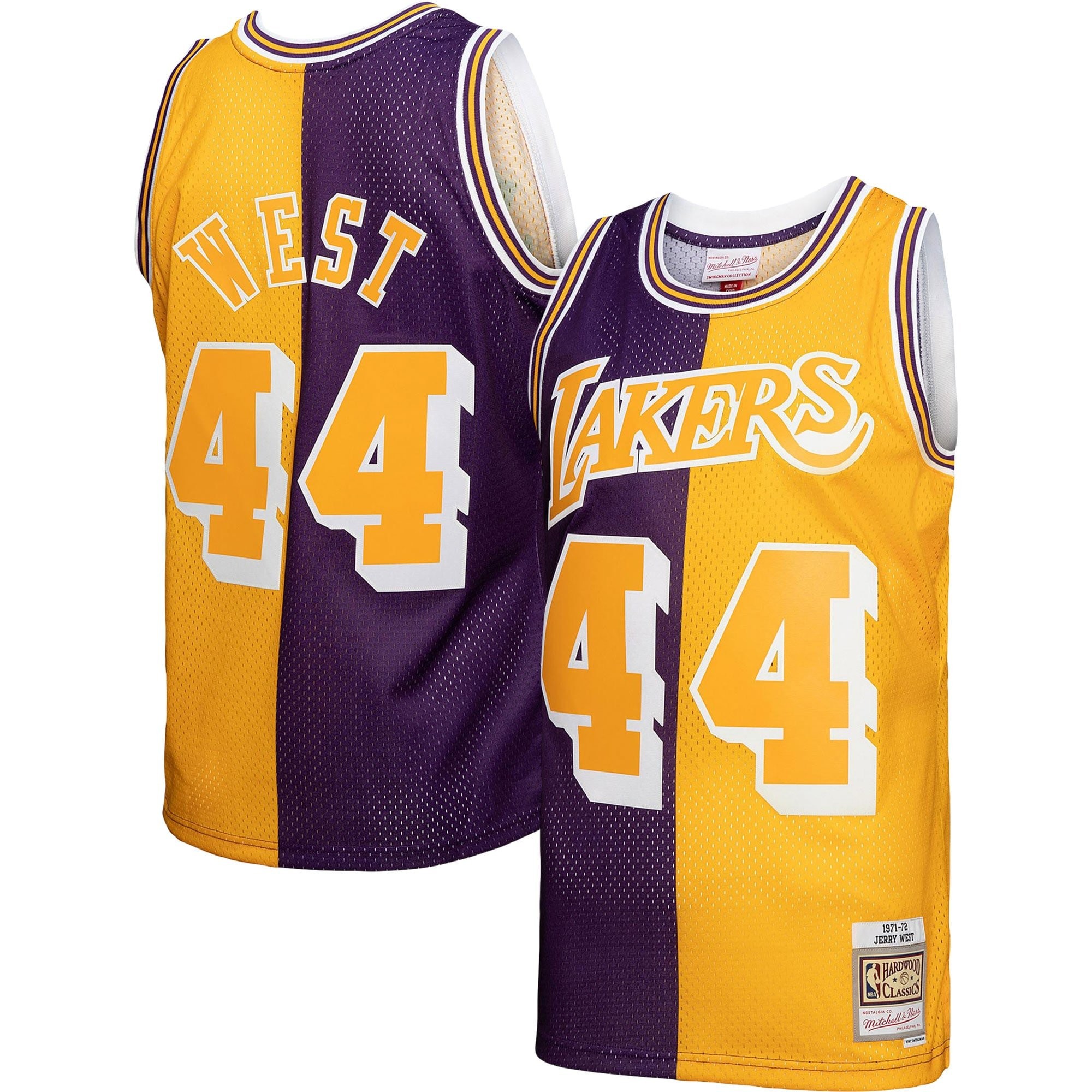 Men's Mitchell & Ness Jerry West Purple Gold Los Angeles Lakers 1971/72 Split Swingman Jersey