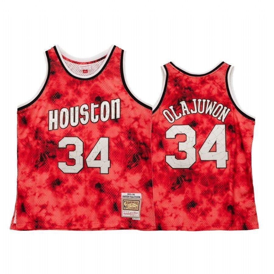 Men's Hakeem Olajuwon 34 Houston Rockets Galaxy Jersey Red Multicolor