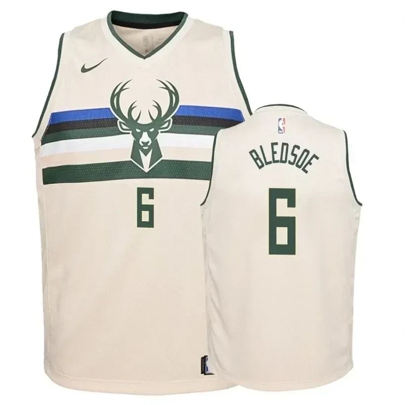 Youth Bucks Eric Bledsoe 6 City Cream Jersey - Unisex 100% Polyester Sports Jersey S-3XL