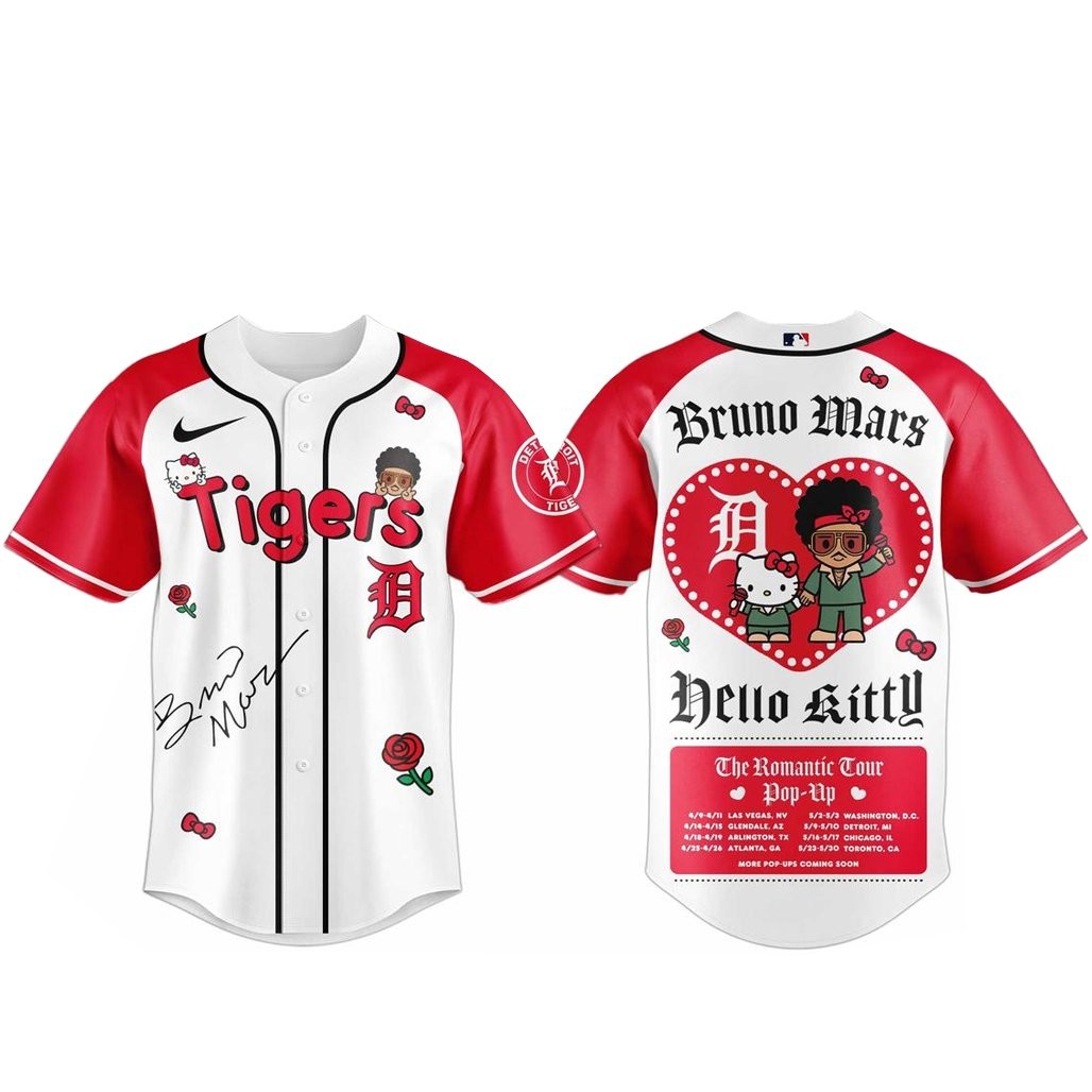 Detroit Tigers Bruno Mars x Hello Kitty 2026 The Romantic Tour Baseball Jersey