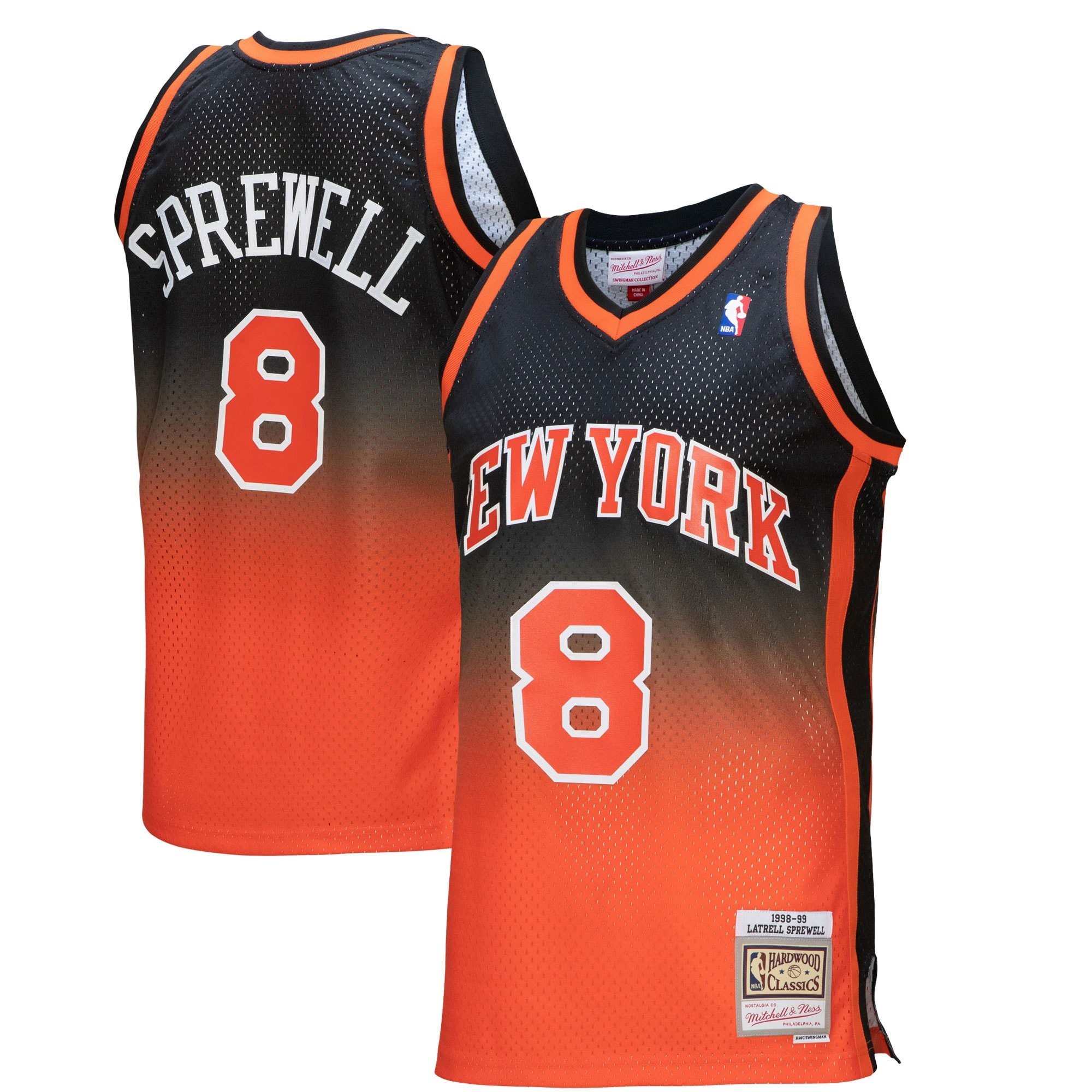 Men's Mitchell & Ness Latrell Sprewell Orange Black New York Knicks 1998/99 Hardwood Classics Fadeaway Swingman Jersey
