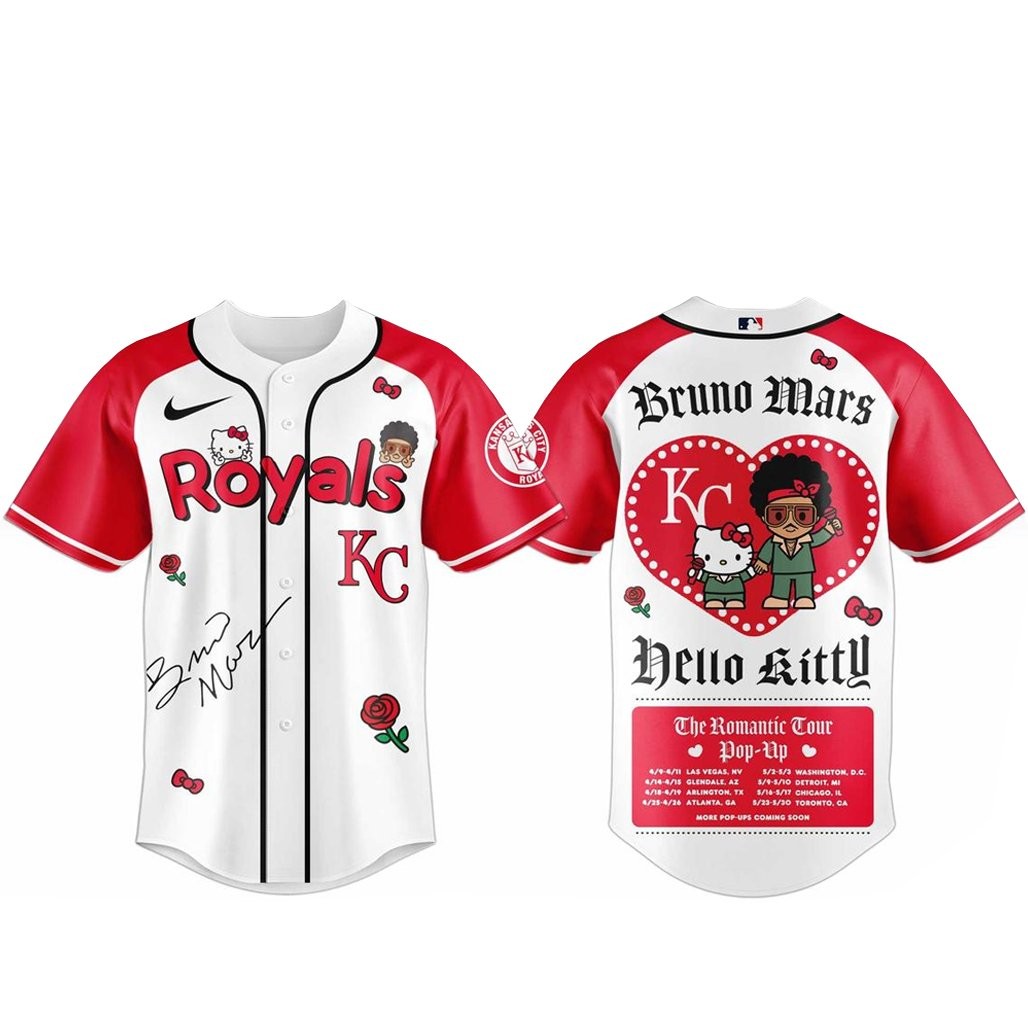 Kansas City Royals Bruno Mars x Hello Kitty 2026 The Romantic Tour Baseball Jersey