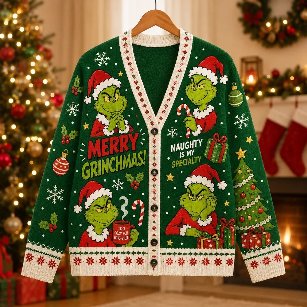 Max the Dog Christmas Cardigan, Grinch Whoville Green Holiday Knit Sweater for Fans