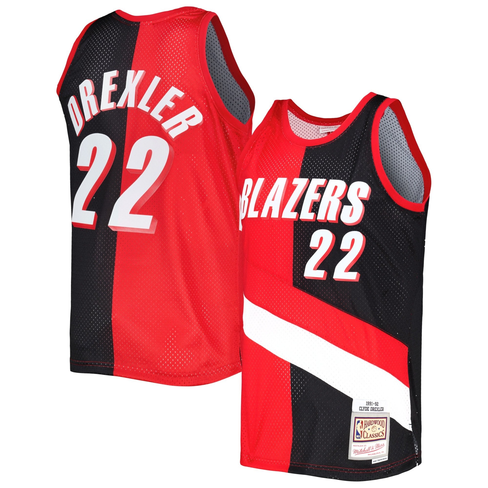 Men's Mitchell & Ness Clyde Drexler Red Black Portland Trail Blazers 1991/92 Hardwood Classics Split Swingman Jersey